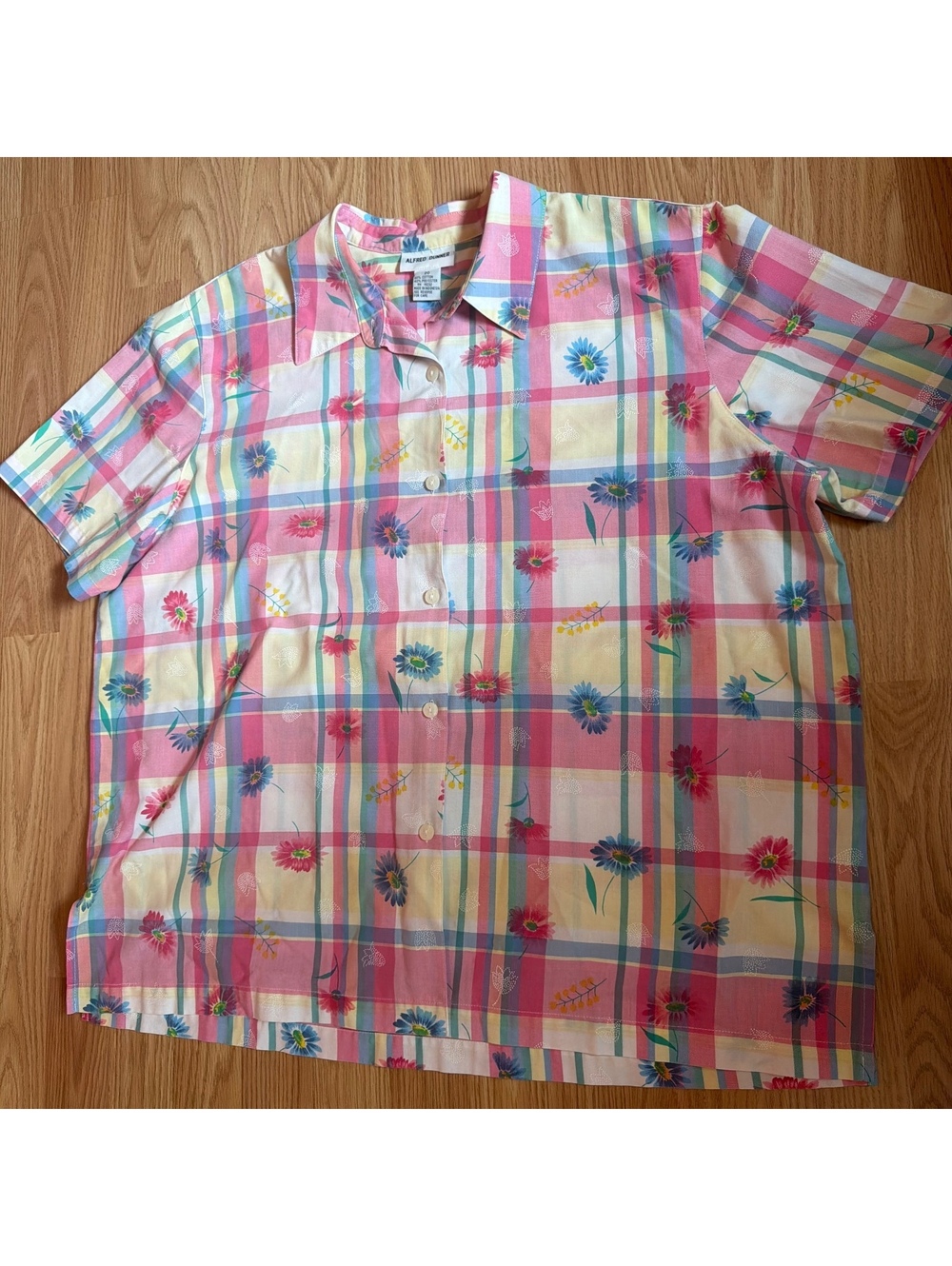 Alfred Dunner Plaid Floral Button Up Short Sleeve Summer Garden Shirt Size 20